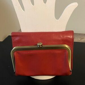 HOBO Robin Compact Red Leather Frame Closure Wallet Brass Accent EUC